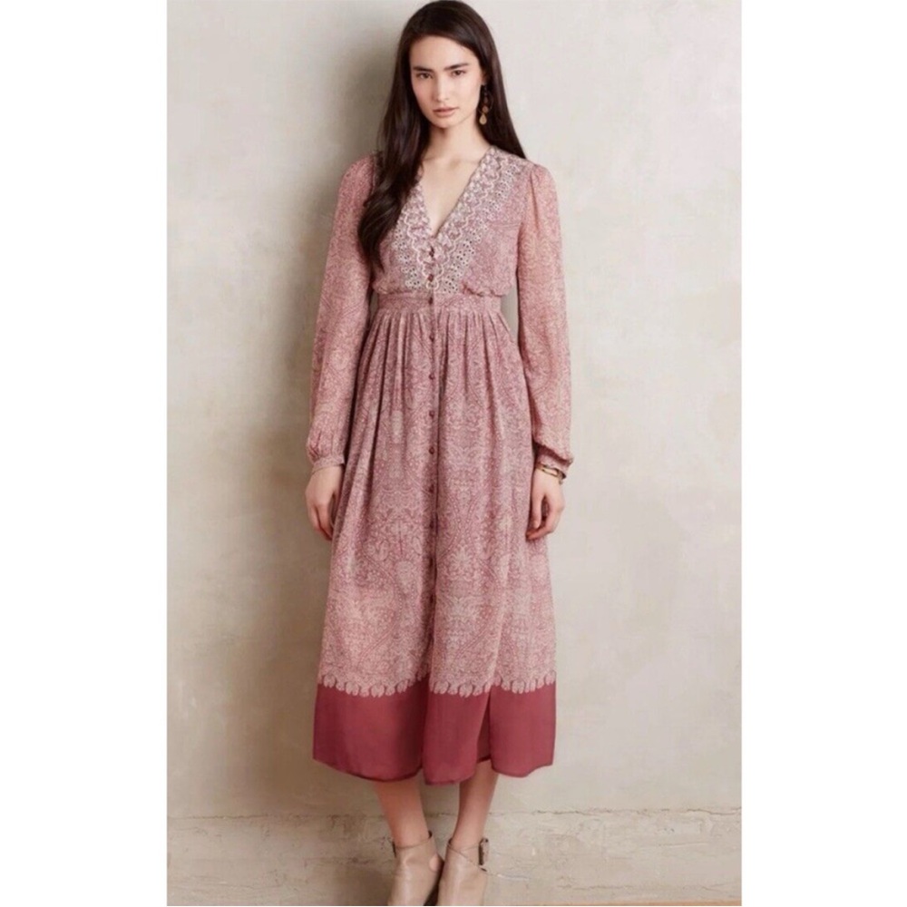 Anthropologie Floreat Kalala Peasant Maxi Dress Embroidered Flowers Size 6